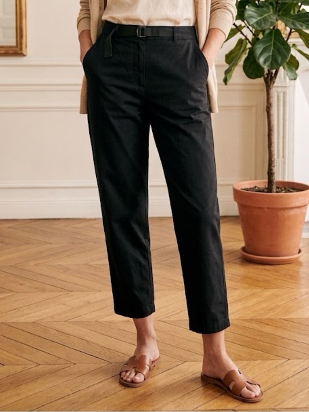 UNIONBAY Cropped Tapered Commuter Cotton Pants With Built In Woven Belt In Black
